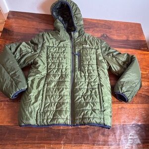 Eddie Bauer Reversible Hooded Jacket Olive‎ Green Camo Fleece Puffer 9300W024